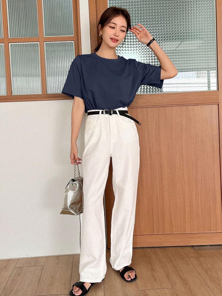 Women's Casual Loose Solid Color Crew Neck Short Sleeve T-Shirt, Summer Business Casual Women