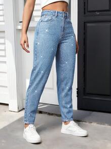 SHEIN Unity 女士牛仔长裤，夏季时尚 - 淺色水洗藍 - 查看 4