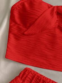 SHEIN 青少年女孩休闲度假两件套纹理抹胸短款上衣和高腰短裤套装 - 紅色 - 查看 5