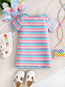 Đầm tay ngắn cổ tròn kẻ sọc 2 trong 1 hình mèo dễ thương cho bé gái, quần áo Kawaii mùa xuân/hè cho bé gái - Nhiều màu - Xem 2