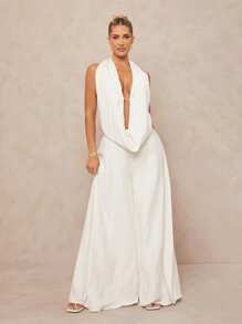 Lumalex 大码女式深V领露背连体裤，宽松阔腿 - 白色 - 查看 7