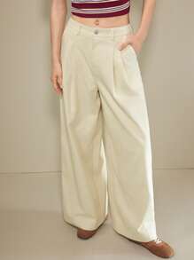 女式纯色卡其色口袋褶皱直筒宽松休闲裤，夏季 - 杏色 - 查看 3