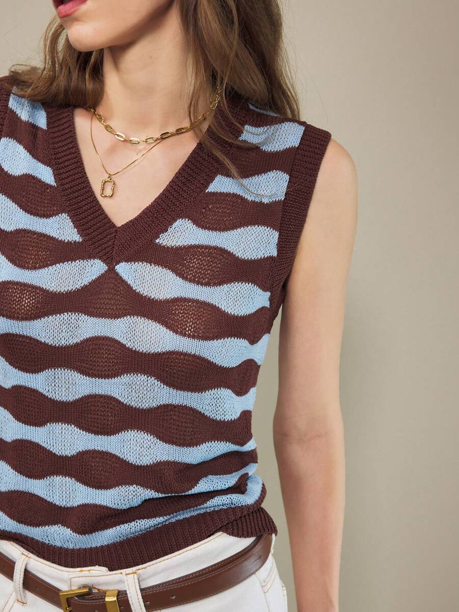 Muvela 2025新款女士夏季休闲条纹无袖针织背心，适合海滩度假、俱乐部、教师制服、乡村音乐节、街头时尚、斯德哥尔摩风格、独立日、户外穿着 - 棕色 - 查看 1