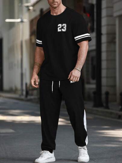 Manfinity Homme Plus Size Men Contrast Color Striped Numeral Print T-Shirt And Pants Set