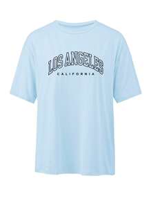 洛杉矶加州风格女式宽松圆领休闲字母图案印花 T 恤 - 淺藍色 - 查看 3