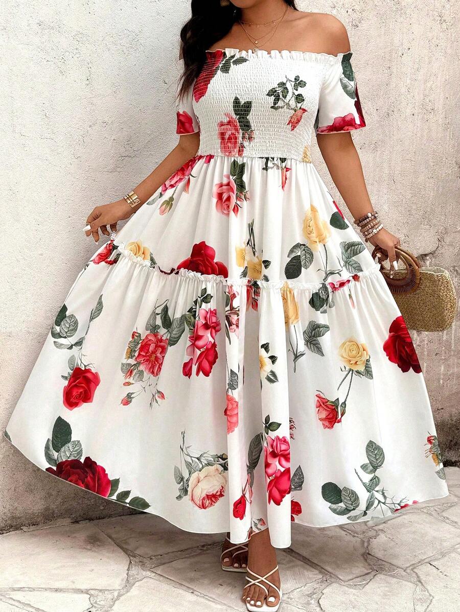 SHEIN Clasi Elegant Commuting, Romantic Vacation Style, Simple Casual Women's Fashion Floral Print, Versatile, Comfortable Fabric Off Shoulder, Chest Shirred Front & Back, Short Sleeve, Spliced Dress Hemline Long Dress, White, Plus Size - White - View 1