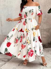 SHEIN Clasi Elegant Commuting, Romantic Vacation Style, Simple Casual Women's Fashion Floral Print, Versatile, Comfortable Fabric Off Shoulder, Chest Shirred Front & Back, Short Sleeve, Spliced Dress Hemline Long Dress, White, Plus Size - White - View 4