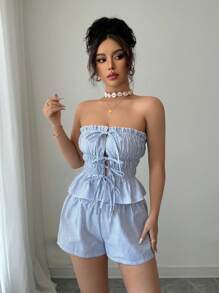 Selianne 2pcs Summer Casual Outfit Set: Strapless Striped Ruffle Hem Crop Top + Elastic Waist Shorts - Blue and White - View 7
