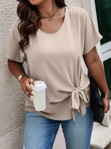 SHEIN LUNE Plus Size Summer Casual Solid Color Drawstring Shirt - Apricot - View 5