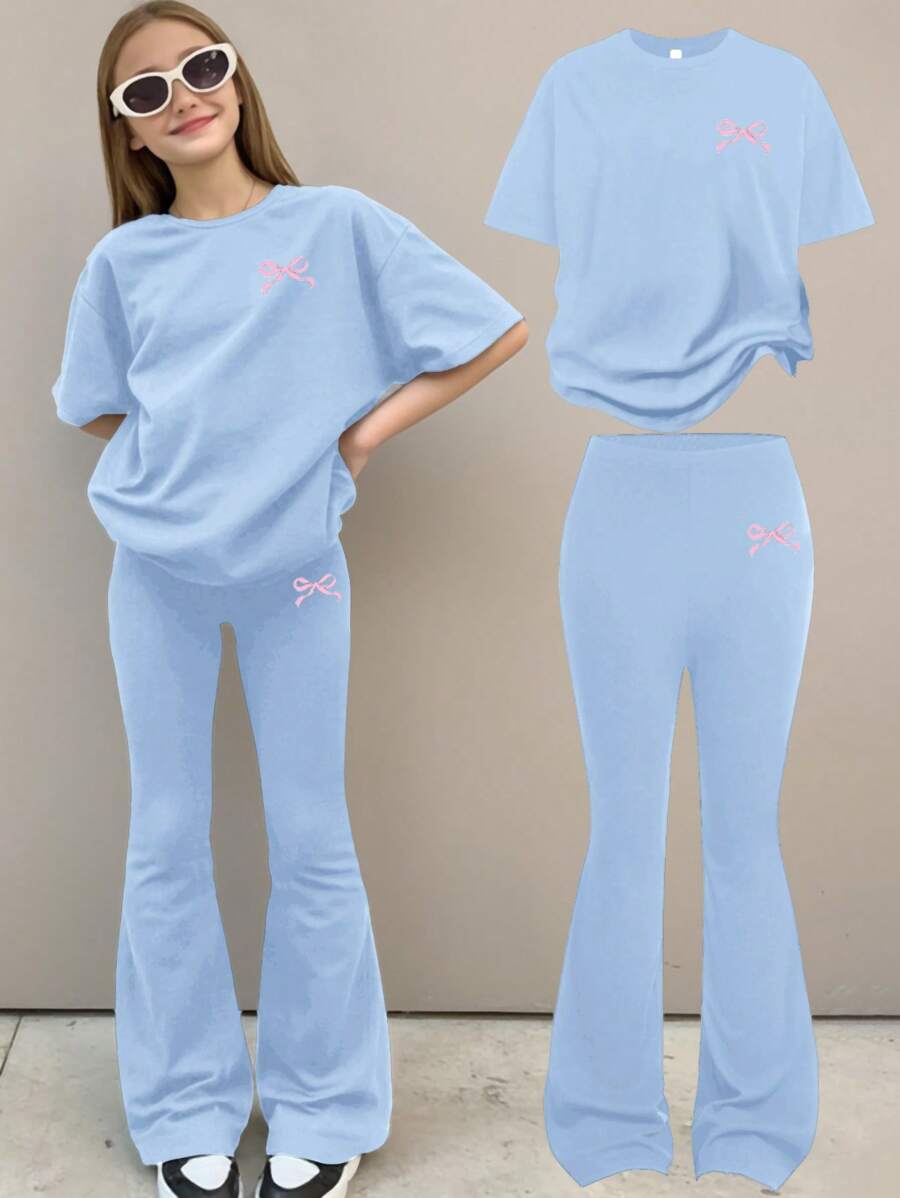 SHEIN Leap Crew Tween Girls Casual Minimalist Long Sleeve 2 Pieces Set, Suitable For Autumn/Winter - Blue - View 1