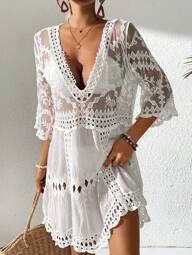 Swim Vcay Women's Geometric Embroidered Mesh Deep V-Neck 3/4 Sleeve Coverup Dress For Summer Beach Vacation