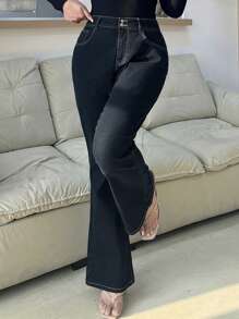 Dazy Plus Dark Wash Blue Two-Button Waist Elastic Flare Leg Jeans