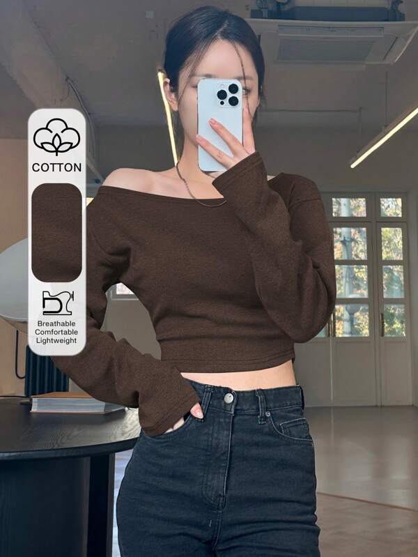 DAZY 1pc Women's Solid Color Off Shoulder Tight Cropped T-Shirt, Brown, Spring/Summer/Autumn Long Sleeve Women Tops