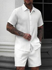 Manfinity CasualCool Men's Solid Color Short Sleeve Shirt And Shorts Set, Casual Men Summer Outfits Men Shirt Co Ords Men Summer Outfits Men Shirt Co Ords Man Clothes Men Shirt Co Ords Sets For Men Men Shirt Co Ords - White - View 4