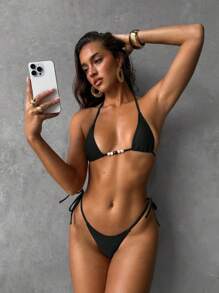 Aloruh Women's Sexy Elegant Vintage Tropical Rainforest Zebra Print Mini Triangle Cup Halter Neck Tied Bikini Top And Tie Side Thong Bikini Set, Spring/Summer