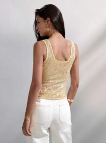 Maija Áo ba lỗ nữ vải sequin vàng mơ không tay, phong cách hiện đại thanh lịch, thiết kế thời trang bắt mắt, lãng mạn mùa xuân/hè, thời trang, đa năng; thích hợp cho kỳ nghỉ hè, thoải mái, phong cách bohemian, trang phục đi biển, đồ bơi che thân, phong cách, thanh lịch, giản dị, trang phục hàng ngày đơn giản - Vàng - Xem 3