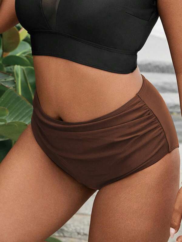 Swim Lushoire Plus Size Women Plain Color High Waist Swimsuit Bottom