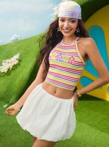 Teletubbies X SHEIN Magliette senza maniche da donna con motivi a righe colorate e grafiche cartoni animati, girocollo