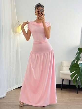 Gloray 女士优雅垂坠领口无袖连衣裙，修身喇叭裙，浅粉色，时尚夏季假日连衣裙