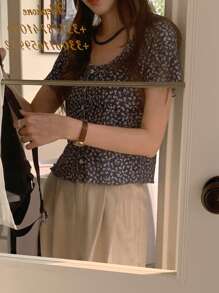 DAZY 女式休闲碎花前扣短袖 T 恤，夏季，短款上衣 - 藍色 - 查看 2