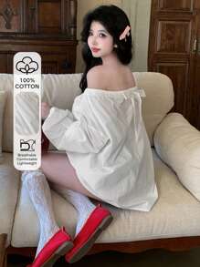 DAZY Blusa blanca holgada con hombros oblicuos y cordón ajustable, adecuada para primavera, verano y otoño - Blanco - Ver 1