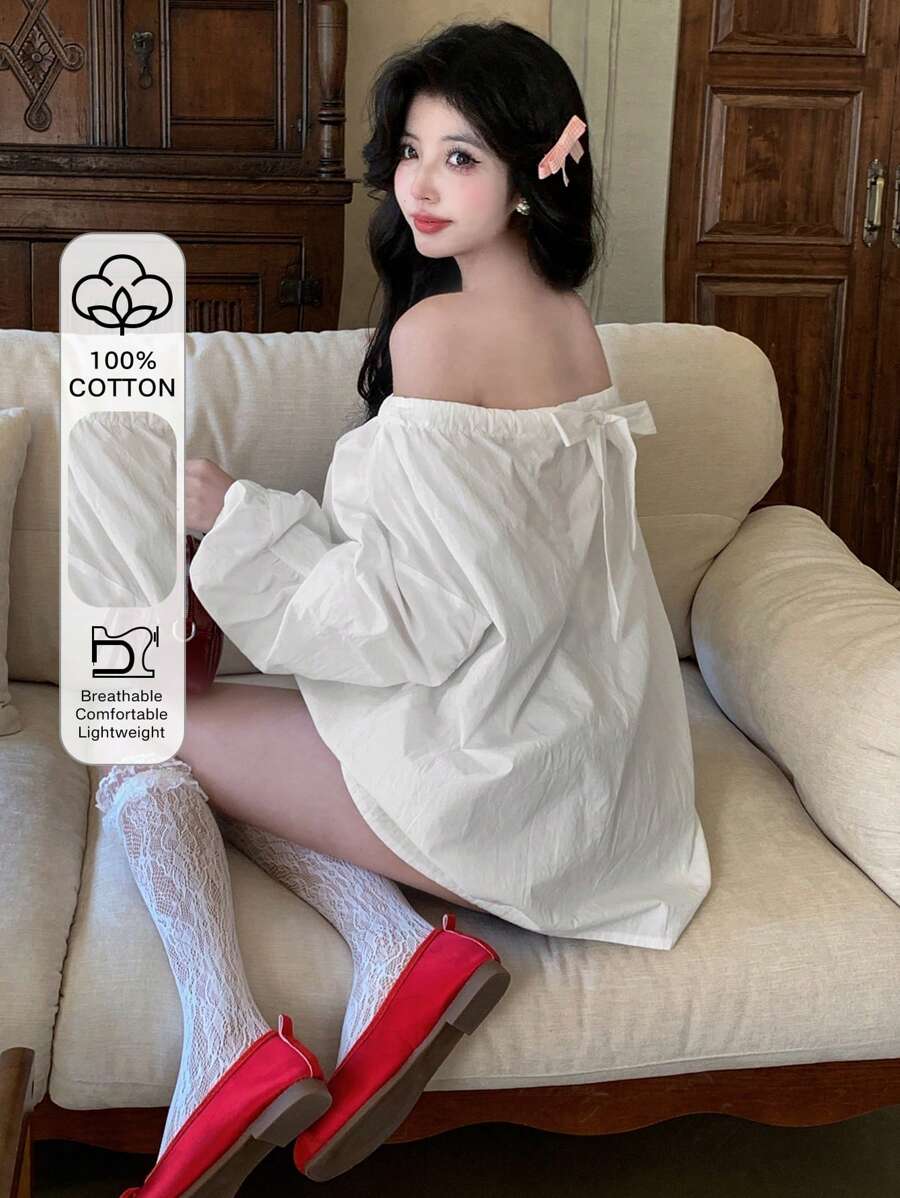 DAZY Blusa blanca holgada con hombros oblicuos y cordón ajustable, adecuada para primavera, verano y otoño - Blanco - Ver 1