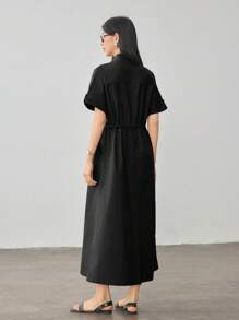 Dazy-Less 休闲宽松抽绳腰带口袋衬衫裙，短袖，简约商务风复古富家风连衣裙，教师装长裙 - 黑色 - 查看 3