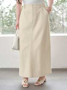 Dazy Plus Plus Size Solid Color Straight Fit High Waist Skirt, Year-Round Wear Fall Skirts - Apricot - View 6