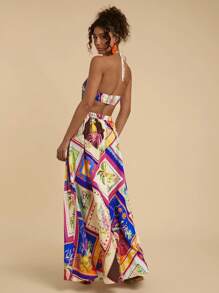 Travachic Women's Boho Maxi Dress: Sleeveless Halter Neck, Tropical Patchwork Print, Flared Woven Fabric, Knot Detail For Summer