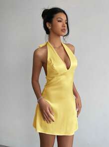 Aloruh 女式挂脖系带优雅迷你连衣裙 - 黃色 - 查看 7