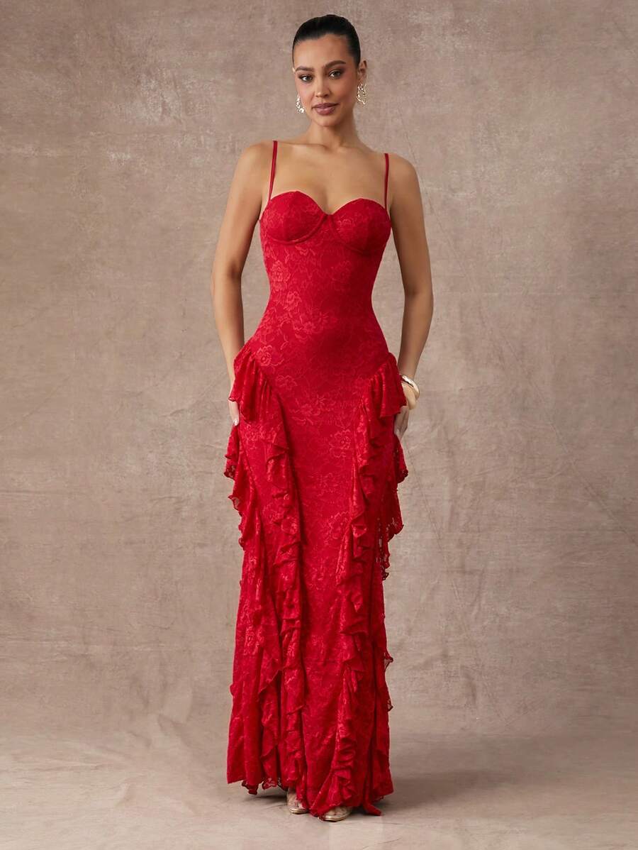 Silquee Váy hè thanh lịch chất lượng cao cấp cho quý cô, Váy hè thanh lịch, Nữ tính thanh lịch, Váy dây mảnh thêu ren jacquard màu đỏ cho quý cô, Váy tốt nghiệp cho quý cô