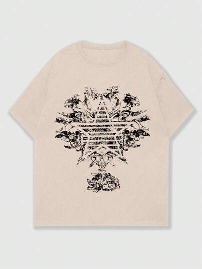 Grunge Punk T-shirt à col rond, imprimé étoile, manches courtes, polyvalent, décontracté pour homme