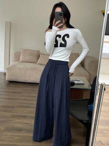 DAZY Loose Elastic Waist Wide Leg Pants, Solid Color Casual Summer Women Trousers,Teacher Pants - Navy Blue - View 3