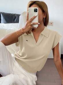 Livesso Women Solid Color Close-Fitting Knit Polo Collar Pullover, Casual For Commuting, Spring/Summer