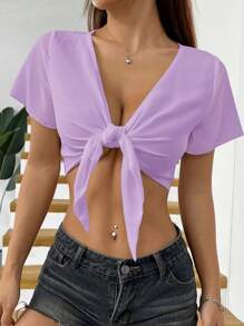 Muchica Women's Lilac Purple Semi-Sheer Woven Fabric Deep V Neck Tie Front Micro Crop Blouse: Casual And Chic Short Sleeve Summer Top
