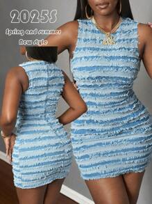Slaydiva 2025 Summer New Music Festival Birthday Party Graduation Casual Daily Wear All-Match Versatile Leisure Vacation Cruise Travel Beach Sunbathing Streetwear Punk Denim Girls Washed Frayed Striped Fabric Round Neck Sleeveless Fitted Mini Dress With Metal Zipper, Blue Women Denim Dress