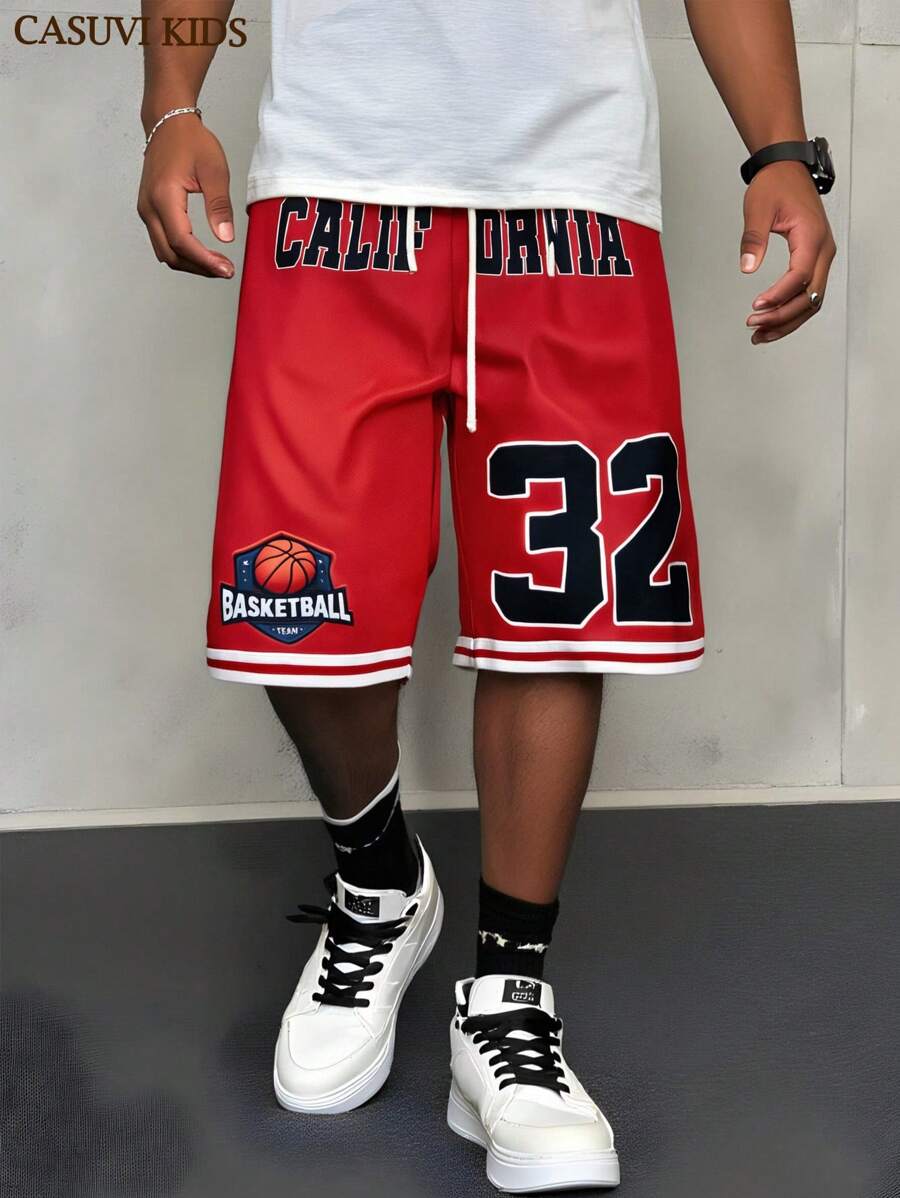 SHEIN Explorewe 1 件青少年休闲短款篮球字母印花宽松运动半短裤 - 紅色 - 查看 1