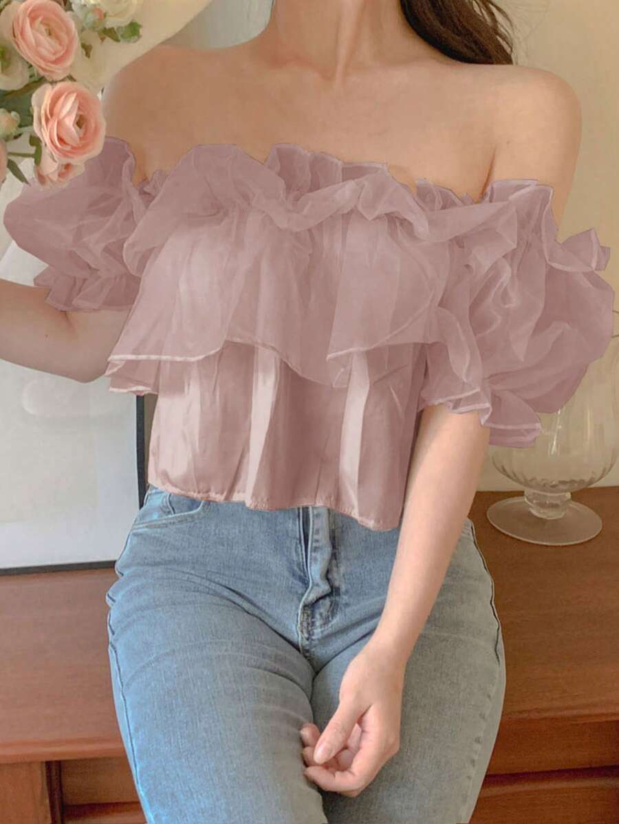 DAZY Áo crop top trễ vai viền bèo nhún cho nữ, màu mơ, xuân/hè - Hồng - Xem 1