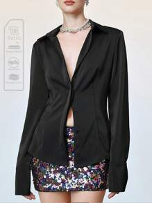 SHEIN LUNE Camicia in raso nera con spalle imbottite, maniche lunghe e bottoni, casual elegante da donna, adatta per l'ufficio, l'estate, occasioni formali, serate, compleanni, feste, matrimoni, eventi serali e cocktail - nero - Visualizzare 1