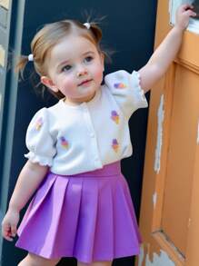 SHEIN Baby Girl Summer New Cute Grape Puff Sleeve Top + Solid Color JK Pleated Skirt Set - White - View 1