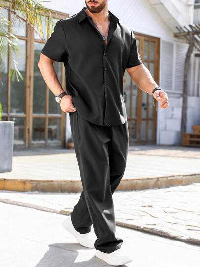 Manfinity Homme Plus Size Men's Fashion Short Sleeve Top And Long Pants 2 Pieces Set, Suitable For Summer, Cozy Outfits