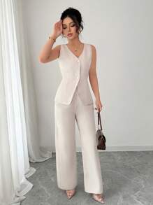 Elenzga Vintage Look Casual Waistcoat + Pants, For Spring/Summer Vacation