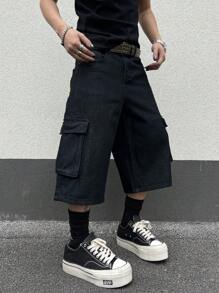 Manfinity EMRG Men's Denim Wide Leg Mid-Thigh Shorts - Dark Grey - View 5