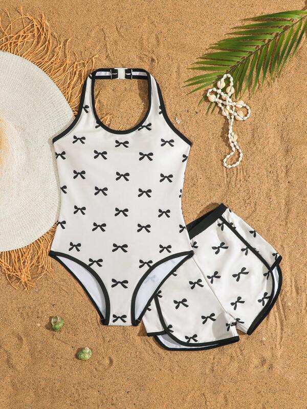 SHEIN Tween Girls One-Pieces Girls' Swimsuit,Hotsale One-Piece Classic Halter Sleeveless Swimsuit With Seperate Pant ,Holiday Style ,Teen Girls, Random Floral Bowknot Prints,Summer Beach Vacations Swimwear