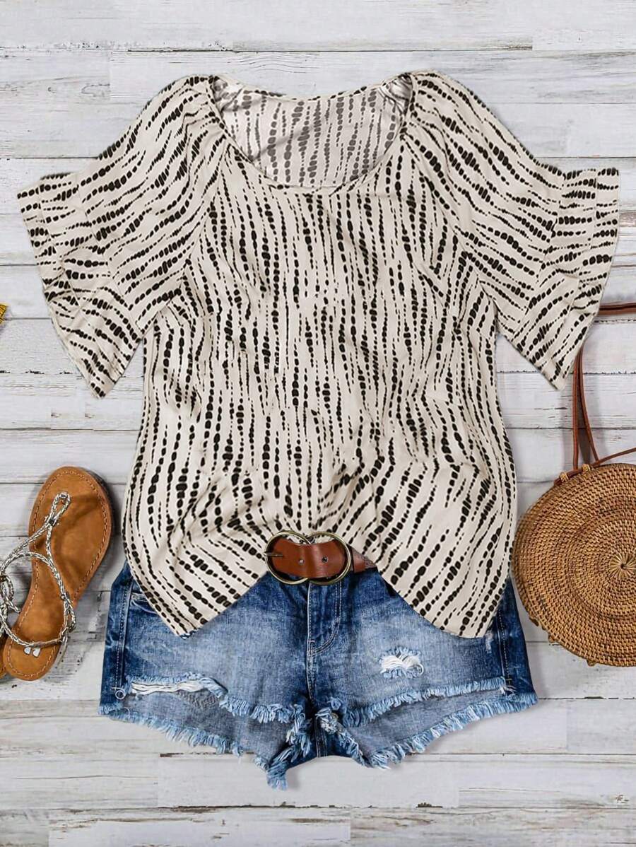 SHEIN LUNE Blouse décontractée ample à col rond et manches courtes tie-dye pour femmes grande taille - Multicolore - Voir 1