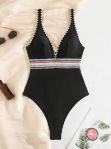 SHEIN Swim Women's One-Piece Swimsuit, Casual Vacation Party Tight Solid Color Beachwear For Summer - Black - View 6