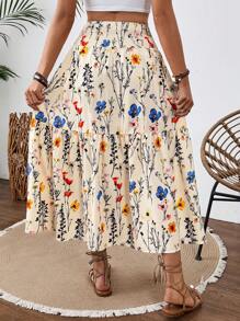 Breezaya Women's Casual Apricot Base Floral Print Drawstring Waist Maxi Skirt, Suitable For Spring/Summer Holiday - Multicolor - View 2