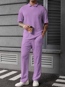Manfinity Homme Men's Knit Textured Fabric Polo Shirt And Pants Suit Set - Purple - View 5