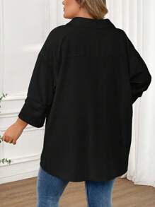SHEIN CURVE+ 大码女式纯色翻领七分袖宽松休闲衬衫，适合海滩度假、海滩休闲、毕业典礼、下午茶等场合。 - 黑色 - 查看 2