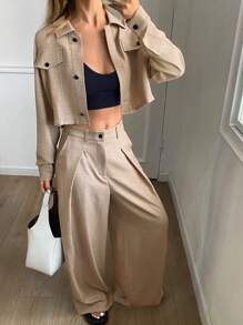 DAZY Women 2 Pieces Casual Set, Solid Color Loose Short Long Sleeve Shirt And Wide Leg Pants, Spring/Summer,Fall Clothes - Apricot - View 1